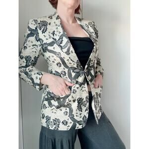 Womens Vintage Graphic Silk Blazer Cream Black Womens Small/4 Artsy Statement